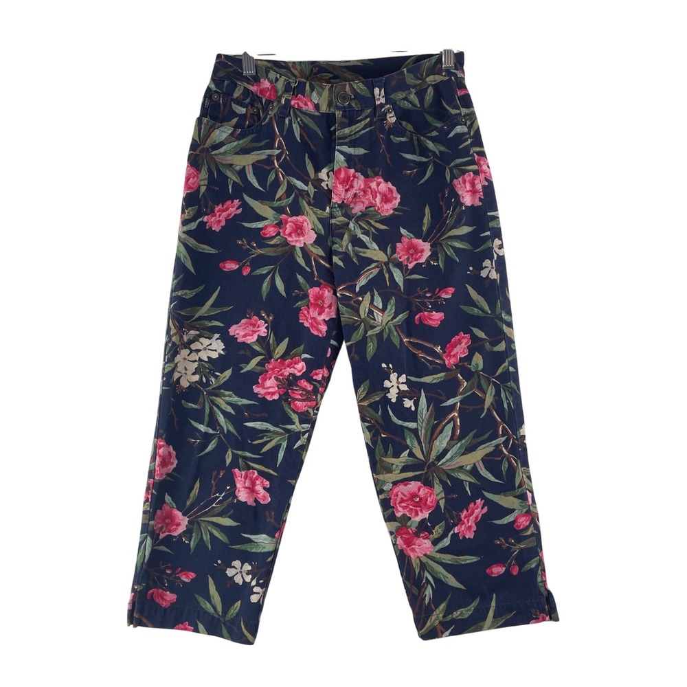 Lauren Jeans Co Ralph Lauren Garden Floral Pants 4 Navy Pink Crop Cottage Cotton